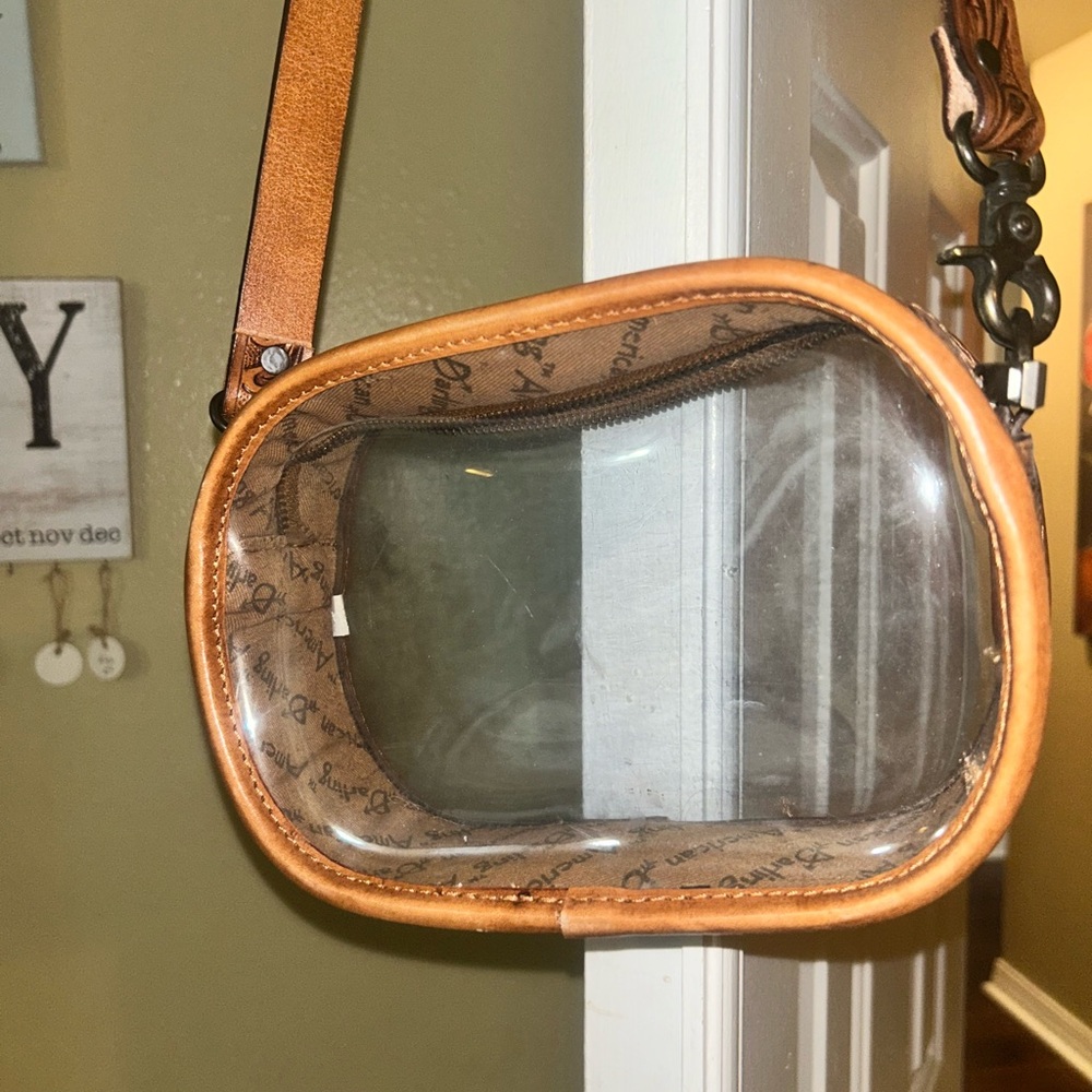 Brown Leather Crossbody Bag with Clear Panel